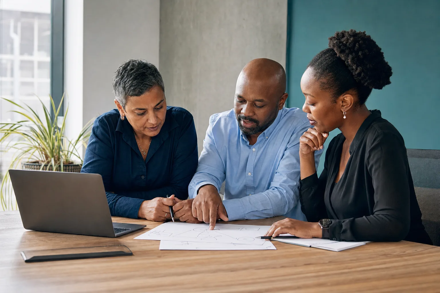 South African business leaders reviewing a systems workflow together